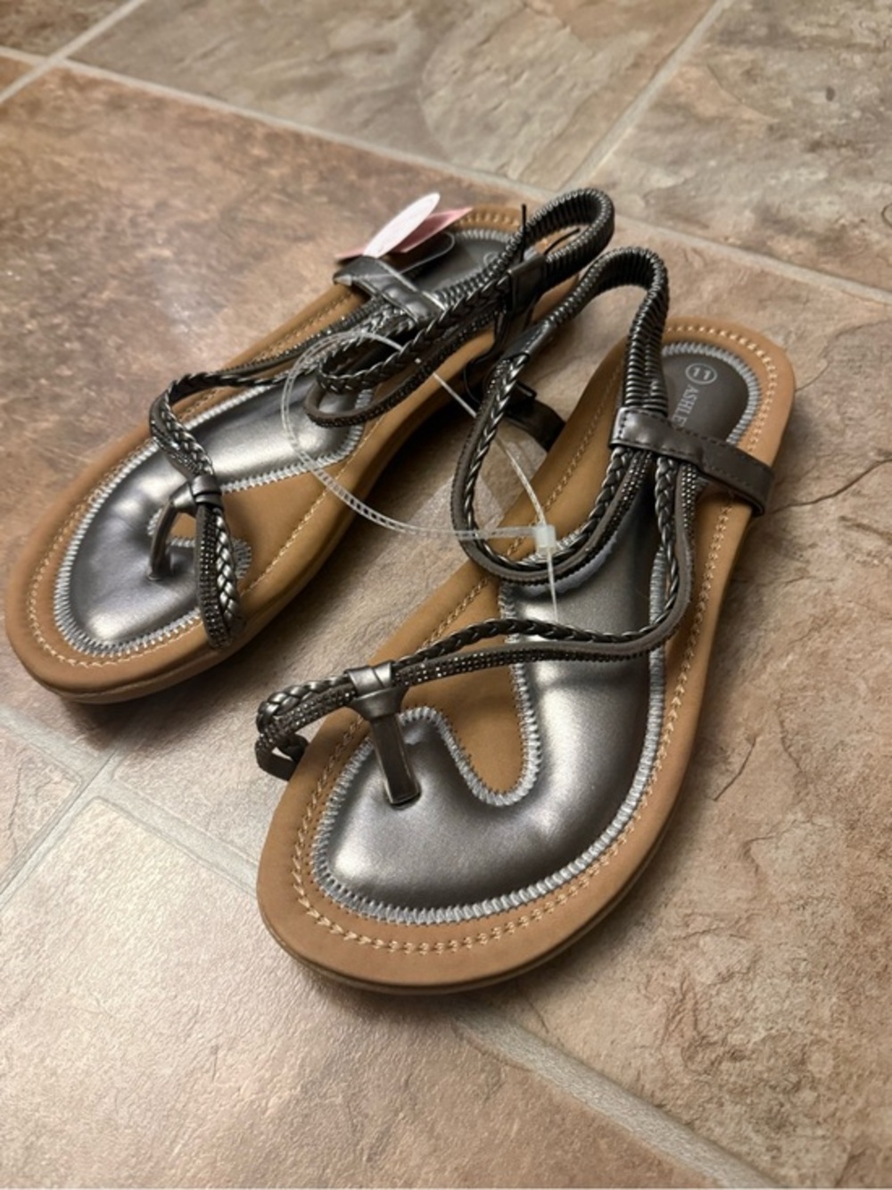 Ashley Blue Gunmetal Braided Rhinestone Comfort Sandals Sz 11 Metallic NWT